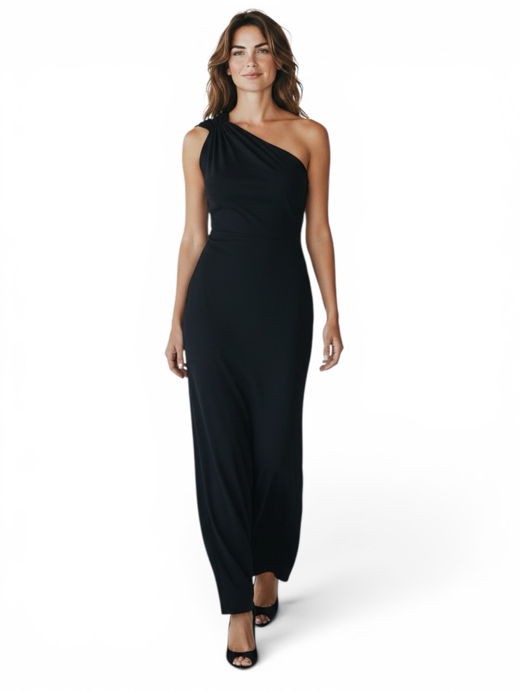 Halston Black One Shoulder Maxi Dress Size 6 Side Slit Evening Gown